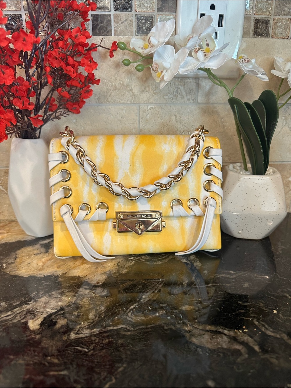 Michael Kors Yellow and White Chain-Trim Shoulder Bag